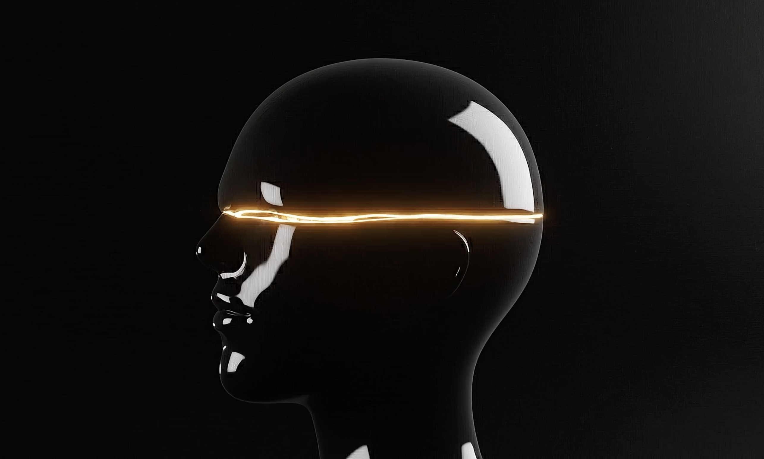 Cipher — black glass bust with a luminous gold seam